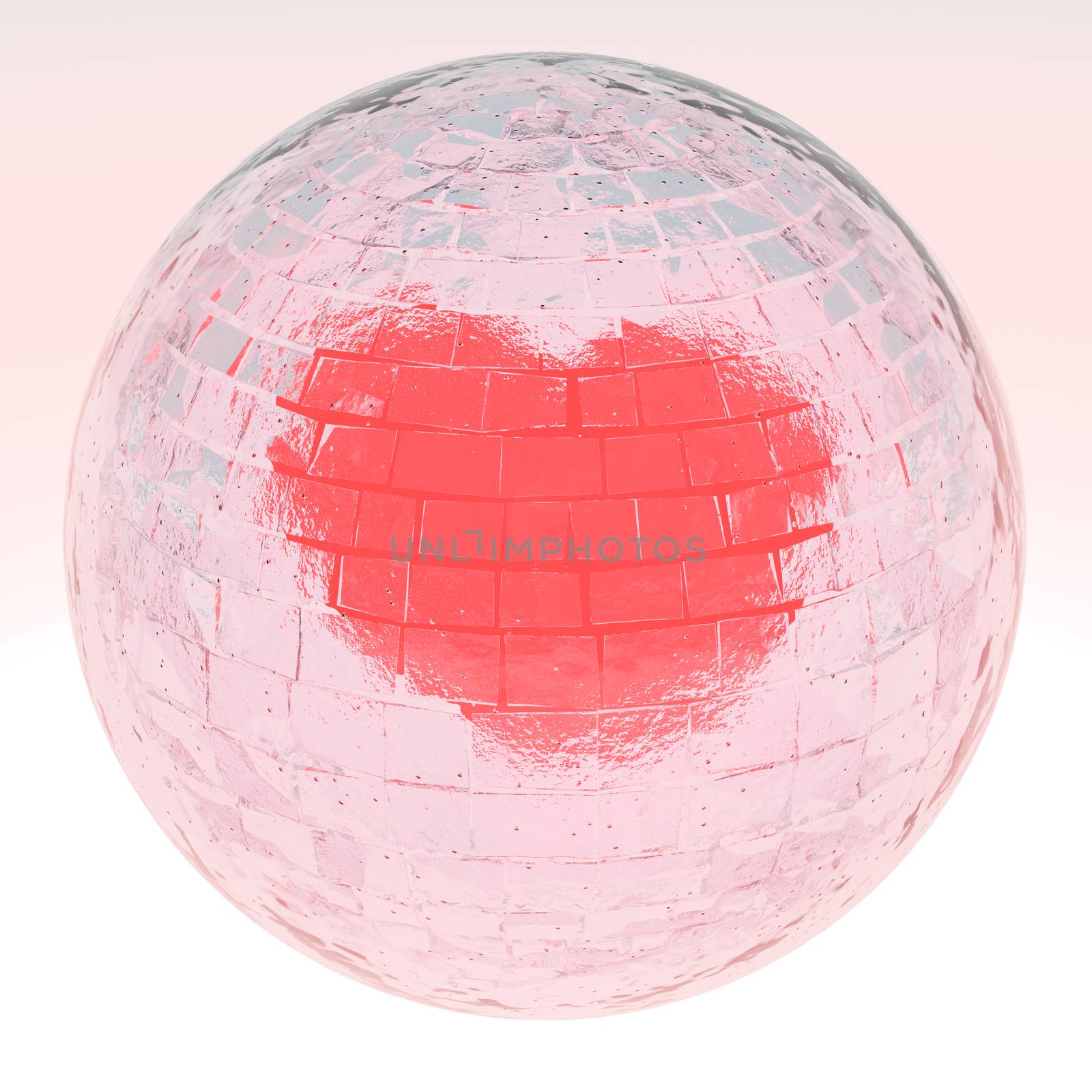 3d illustration of heart locked in a spherical wall of ice