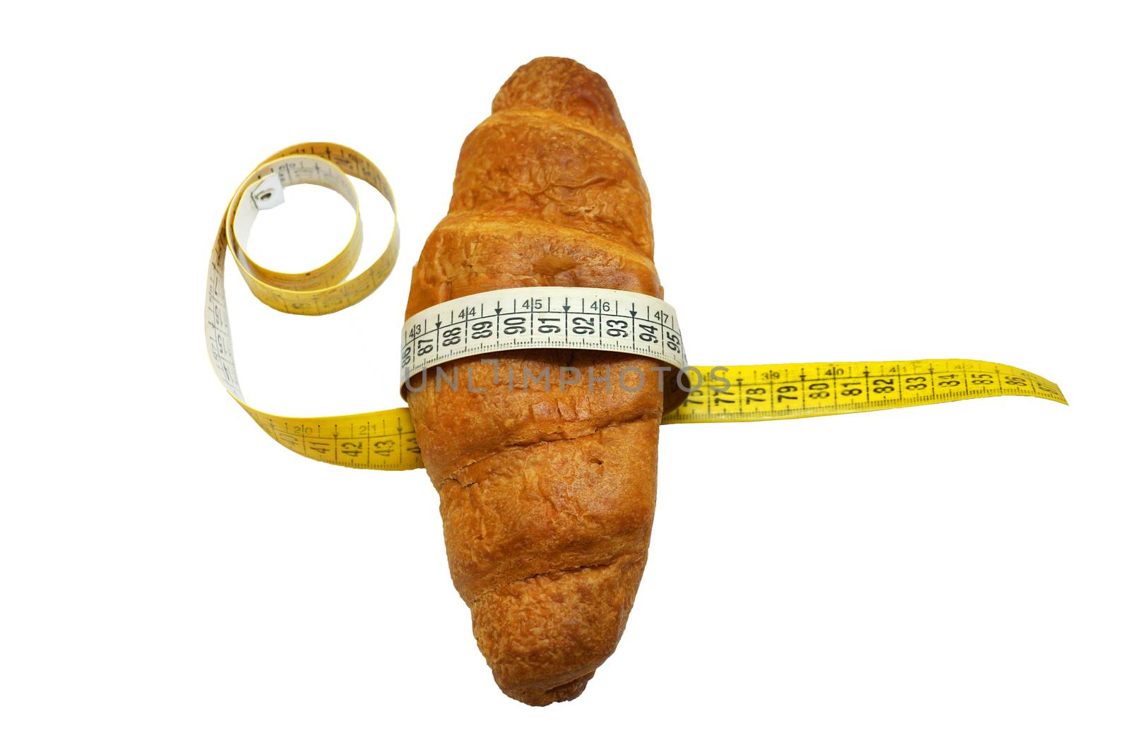 soft measuring ruler wrapped around a croissant as a symbol of unhealthy nutrition, isolate on a white background. by Annado