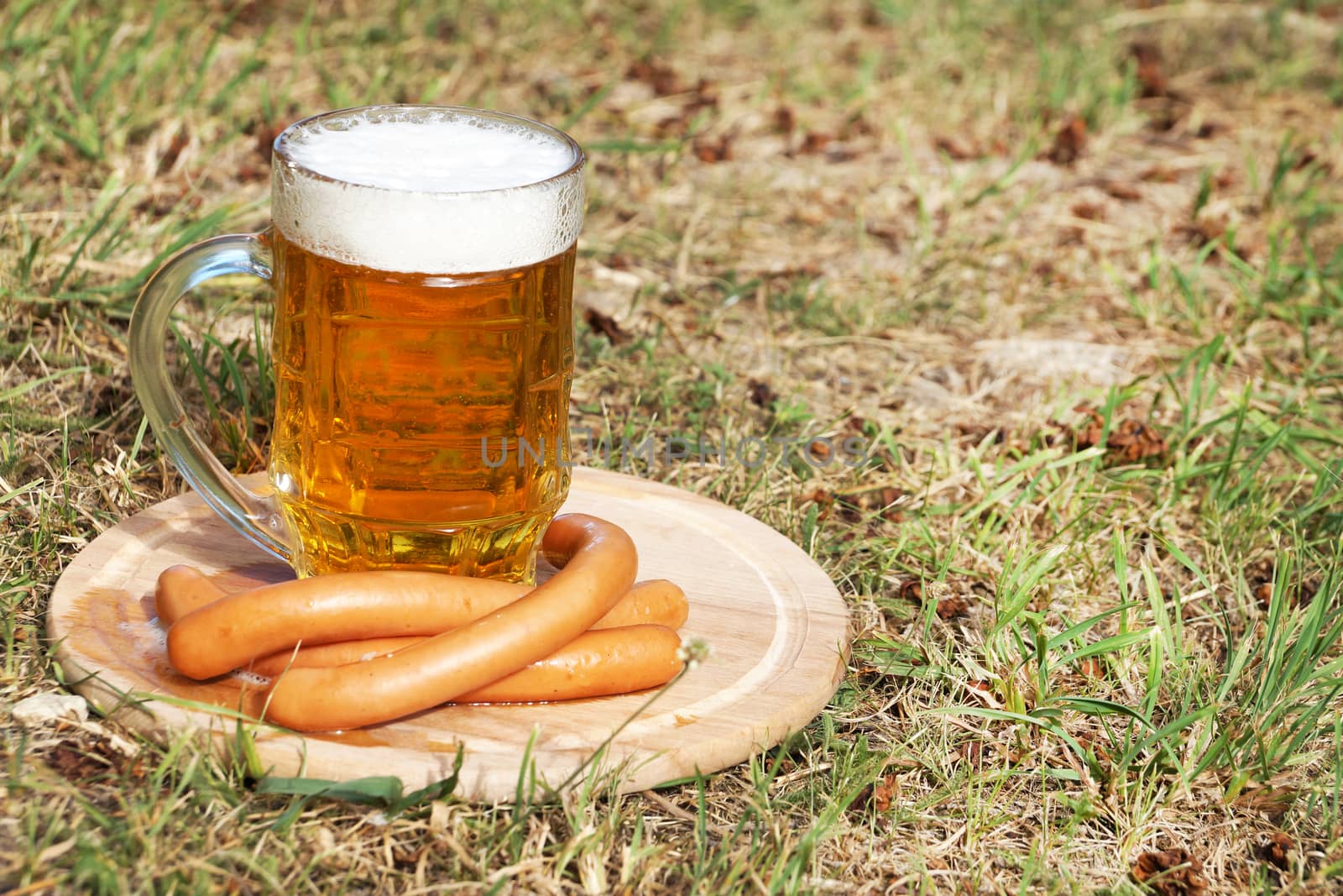 glass mug with beer and sausages on a wooden tray on the grass on a sunny day