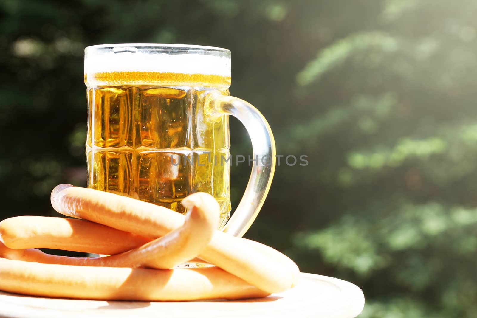 glass mug with beer and sausages on a background of nature on a sunny day. by Annado
