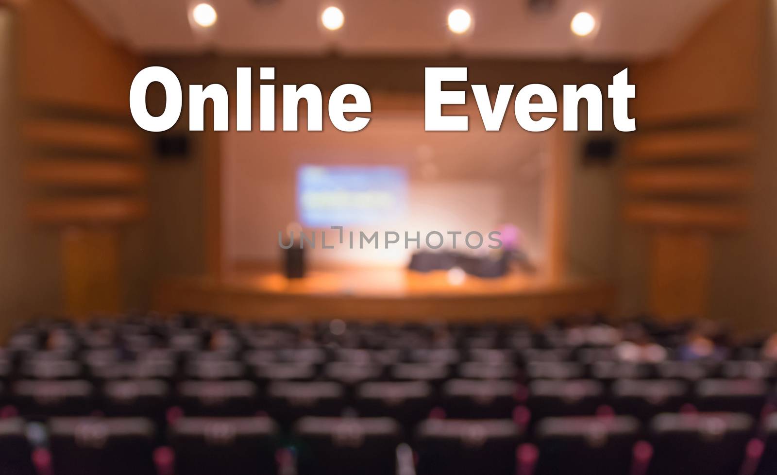 Online Event Text over blur photo of conference hall or seminar room without attendee background, Offline is over, online transmission and television production broadcast is new normal, covid outbreak