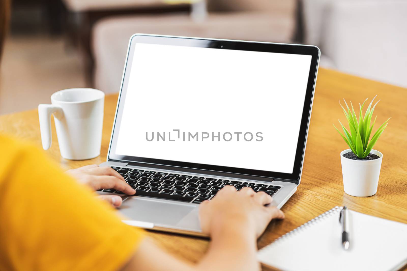 Back side of Asian business woman using laptop with white screen by Tzido