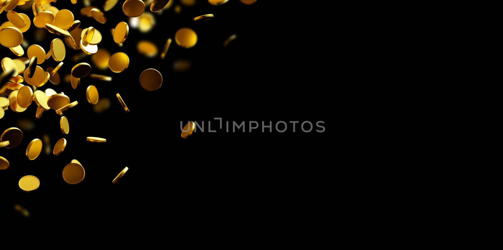 Gold coins falling on black background with copy space 3D render by Myimagine
