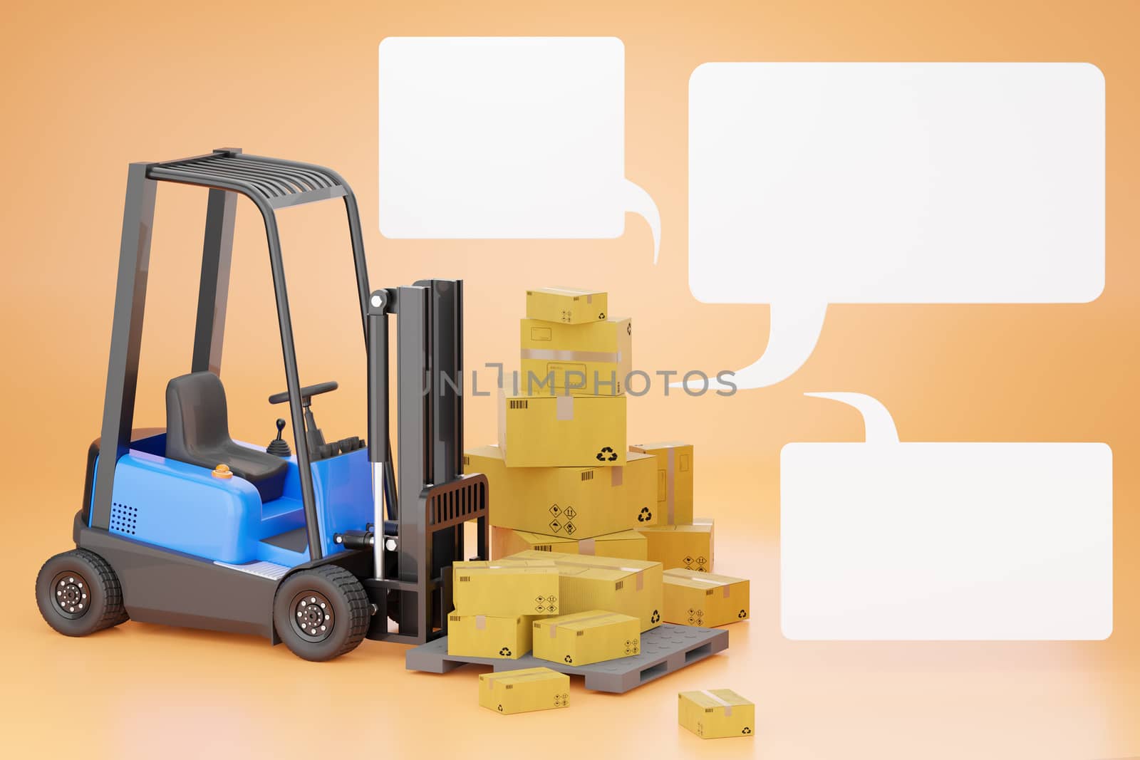 Forklift trucks with a cardboard box on a pallet and blank text box. Cargo in a warehouse to prepare to be delivered by transport. The concept of online shopping and logistics planning. 3D rendering.