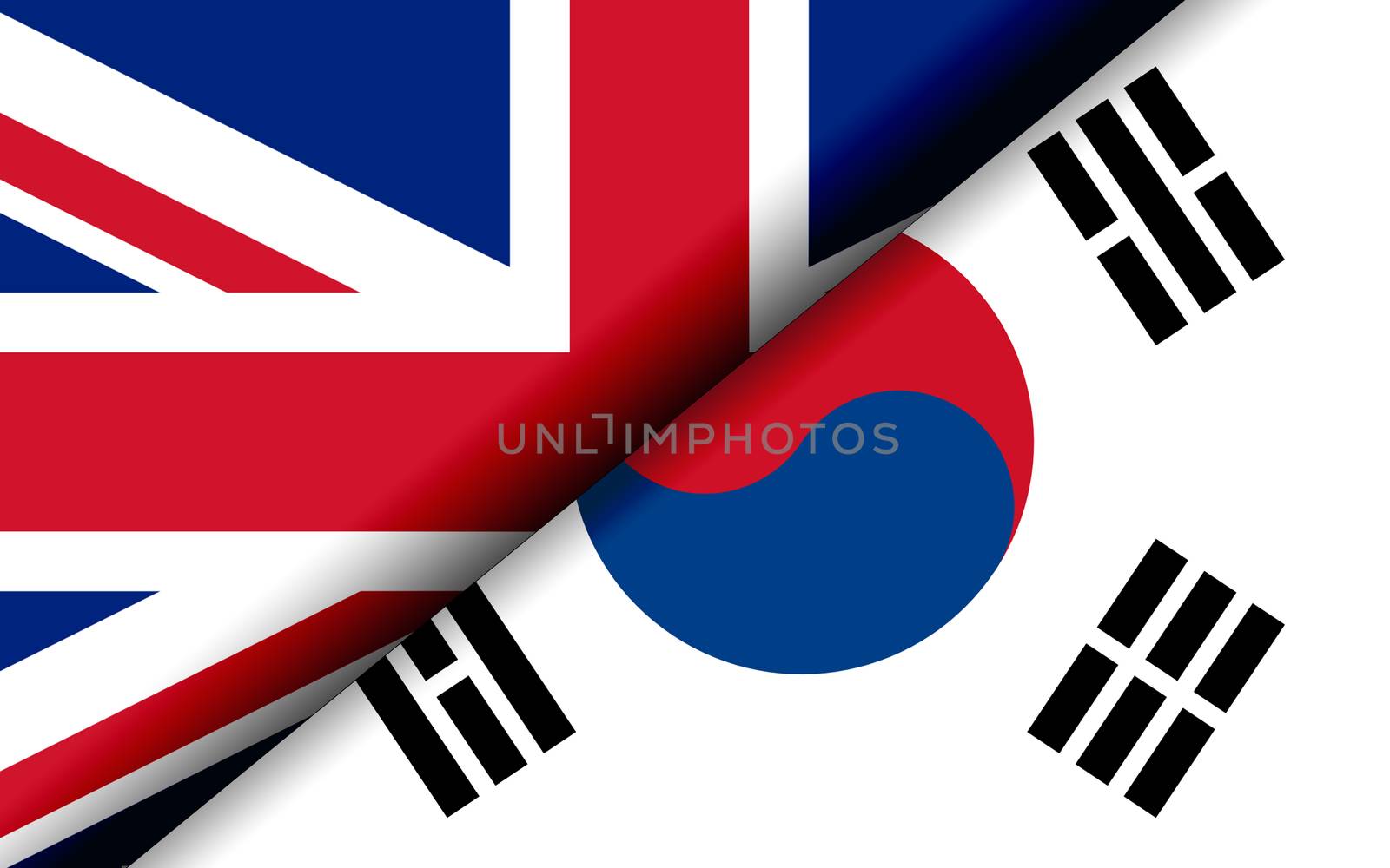 Flags of the United Kingdom and South Korea divided diagonally. 3D rendering