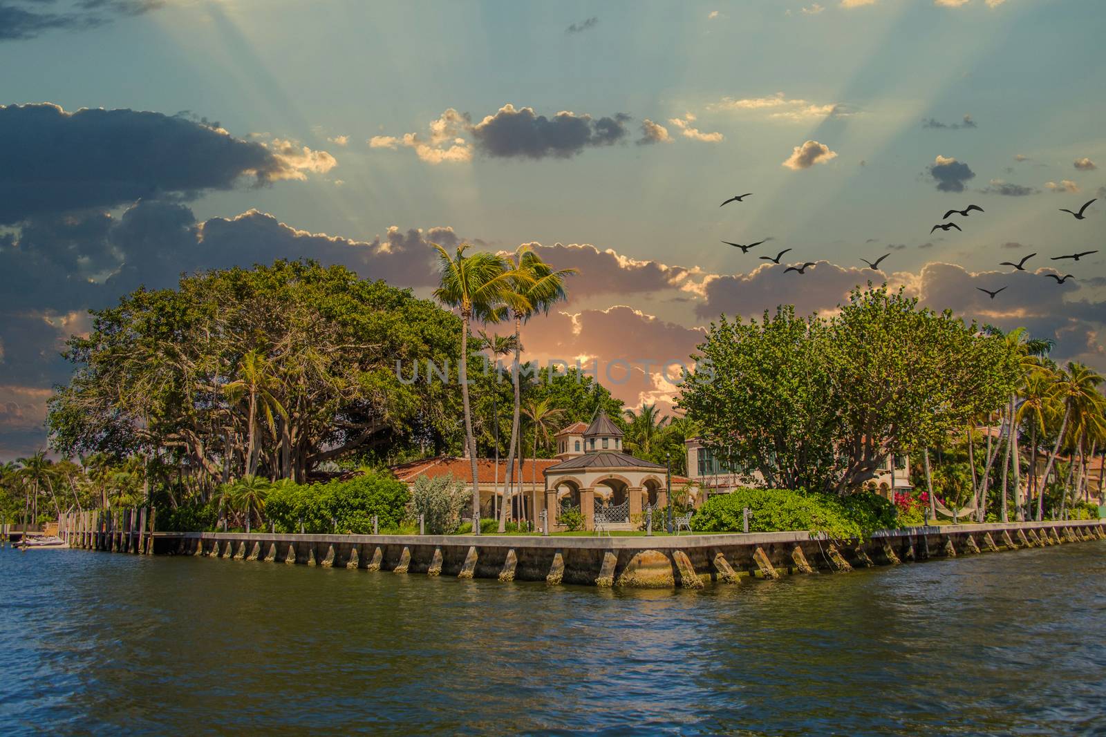 A Large House on the Intracoastal Waterway in Fort Lauderdale at Sunset