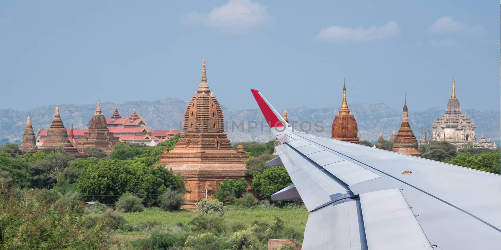 Pagoda in bagan Myanmar View from Airplane Window by Surasak