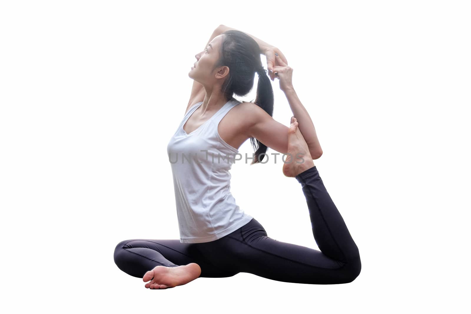 Young beautiful woman yoga posing on white background