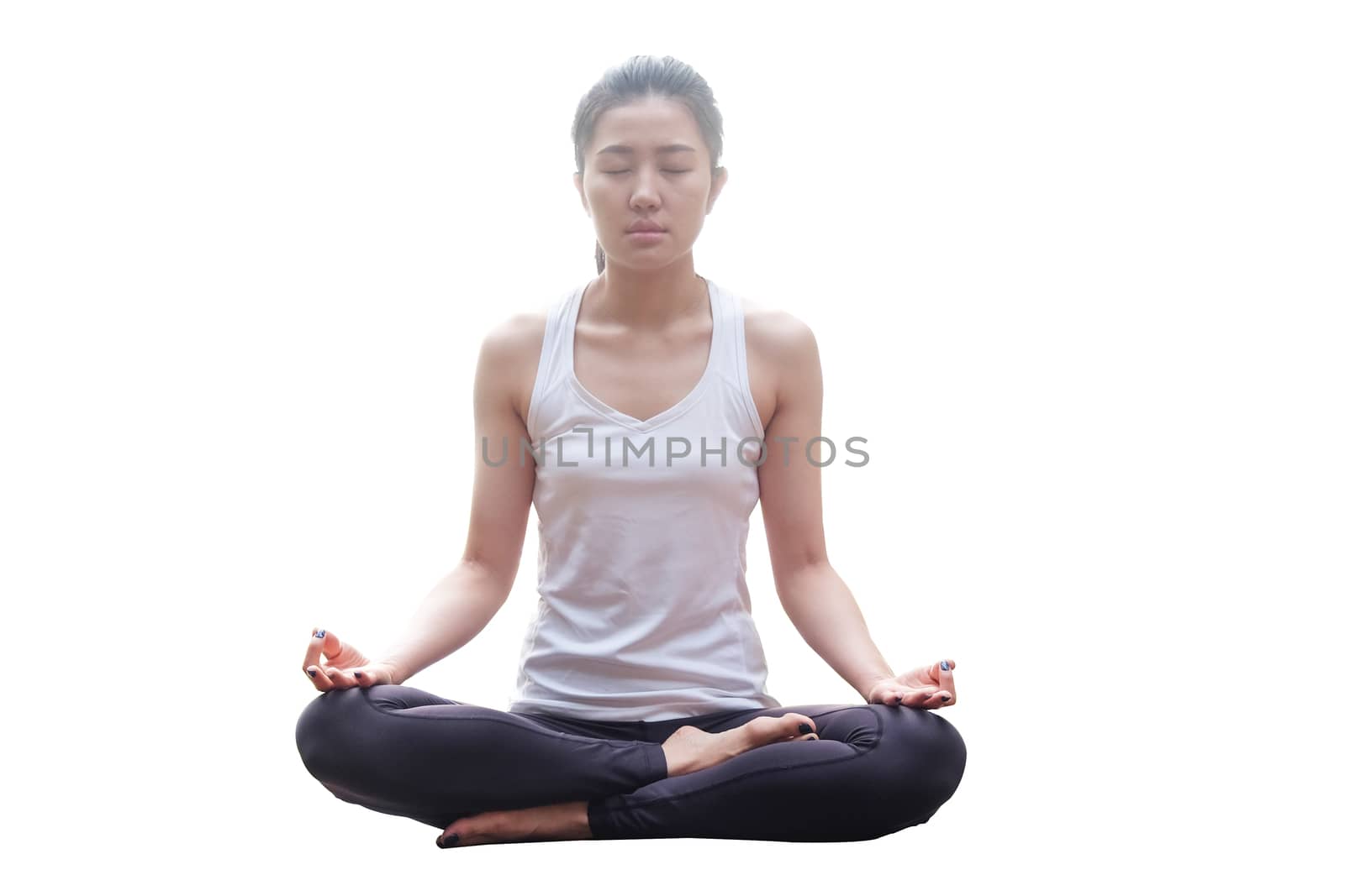 Young beautiful woman yoga posing on white background