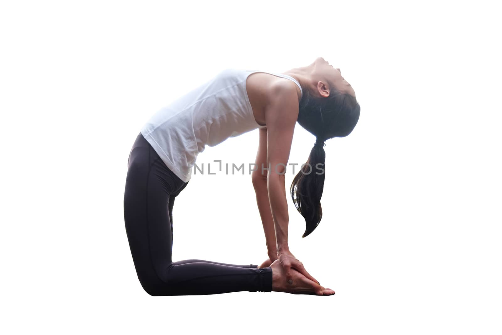 Young beautiful woman yoga posing on white background by Surasak