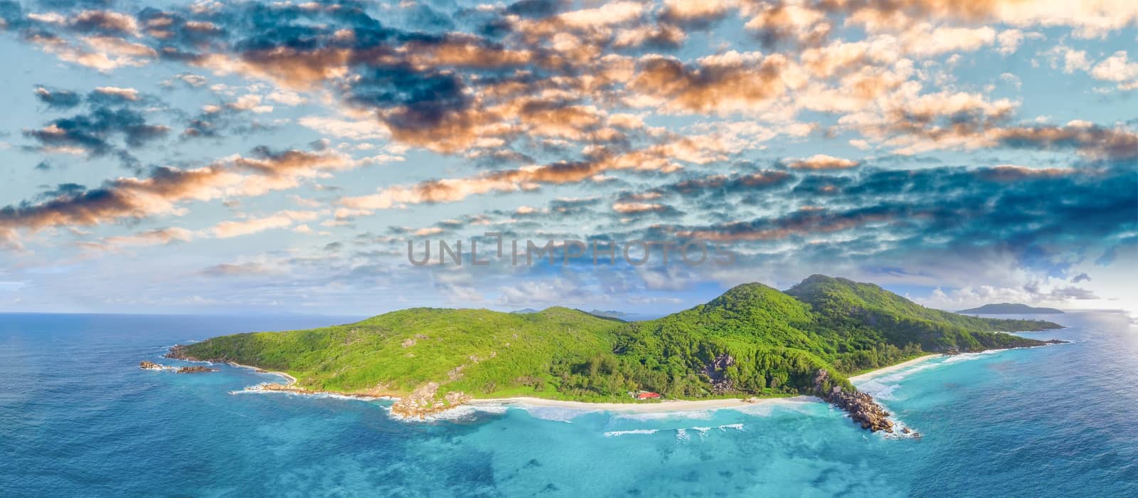 La Digue, Seychelles Island. Amazing aerial view of beach and oc by jovannig