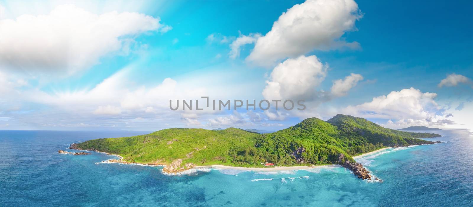 Amazing aerial view of Grand Anse in La Digue Island, Seychelles by jovannig