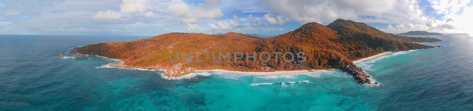 La Digue, Seychelles Island. Amazing aerial view of beach and oc by jovannig