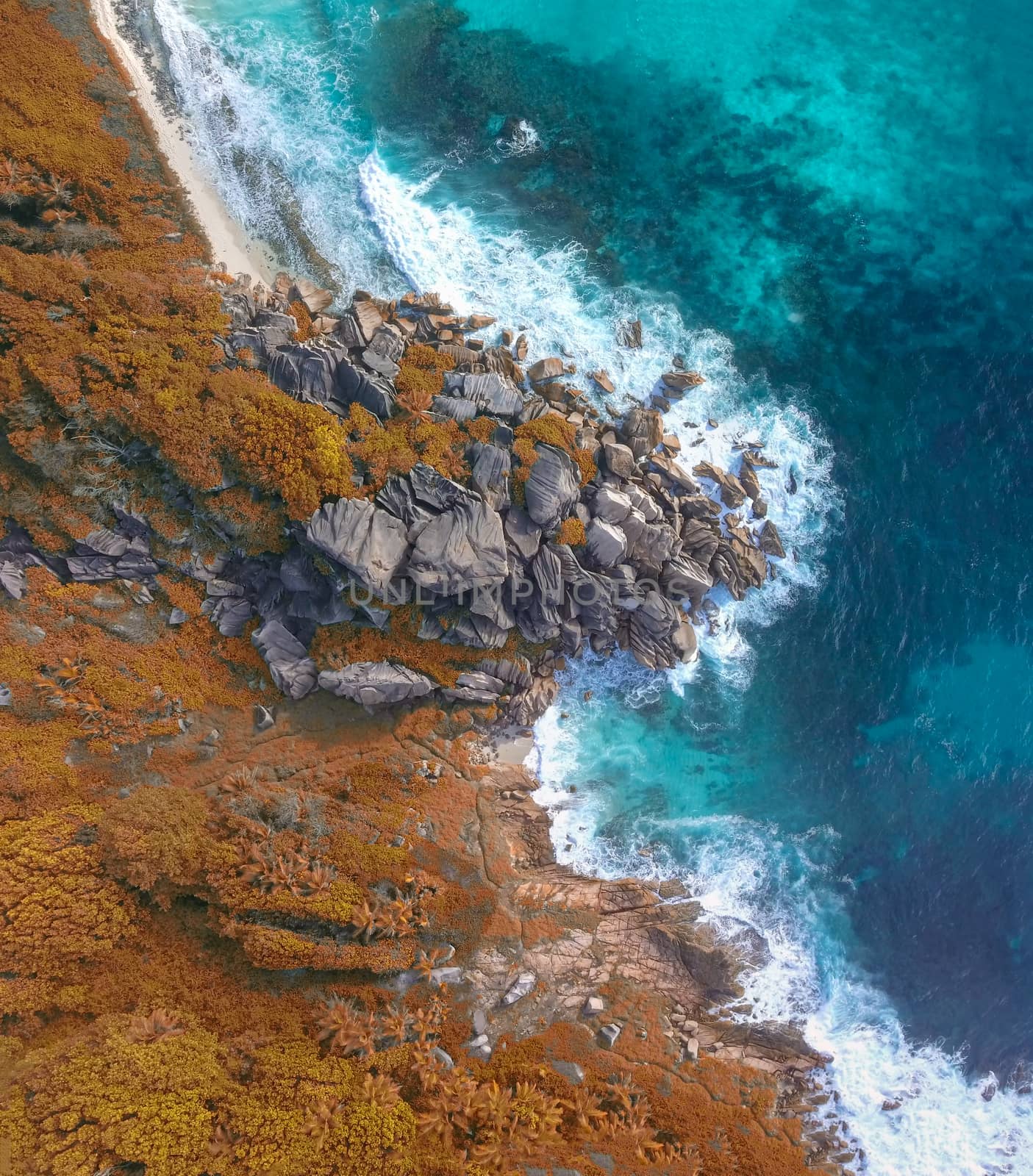 La Digue, Seychelles Island. Amazing aerial view of beach and oc by jovannig