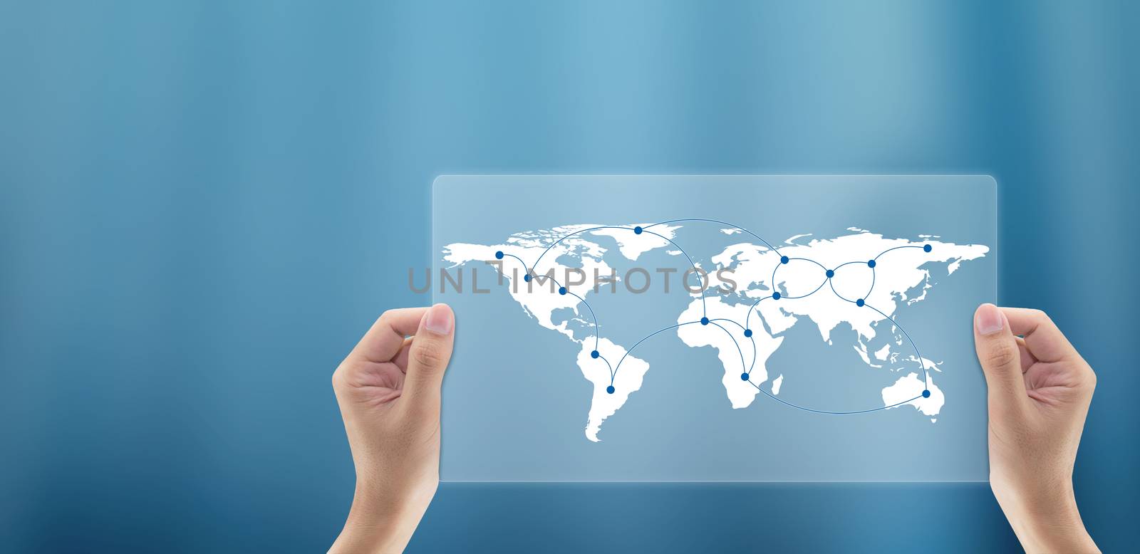 hand of business man holding global world map digital communicat by nnudoo