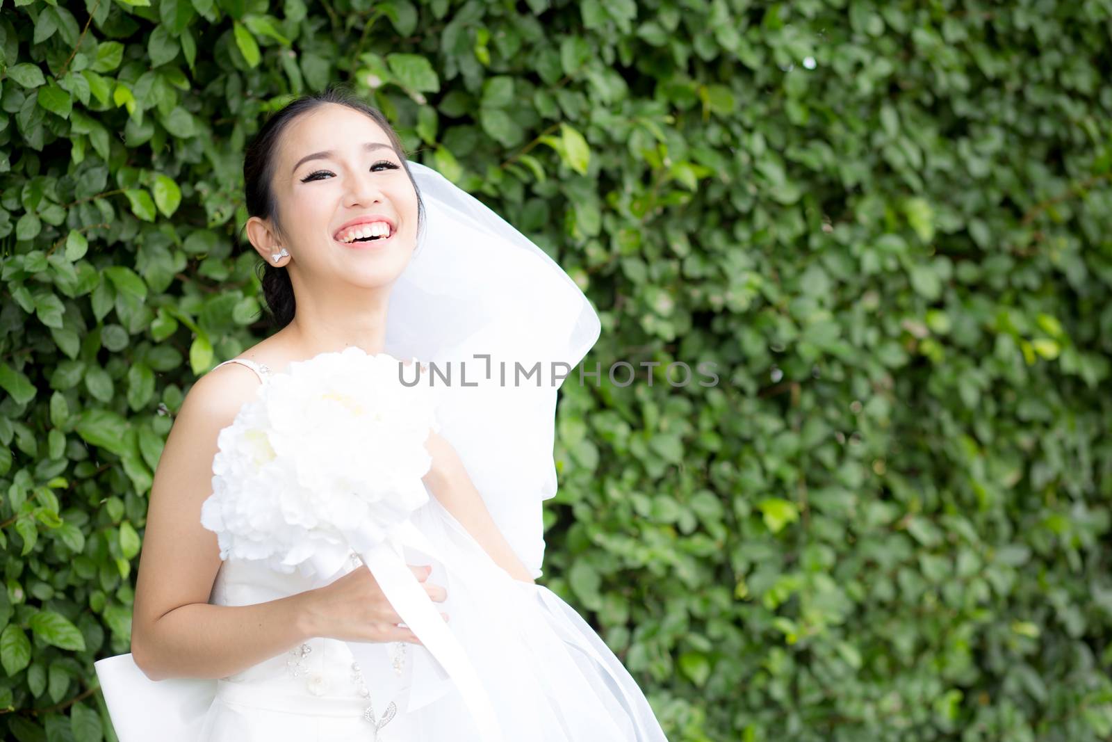beautiful young woman on wedding day in white dress in the tree wall. Female portrait in the park - Selective focus