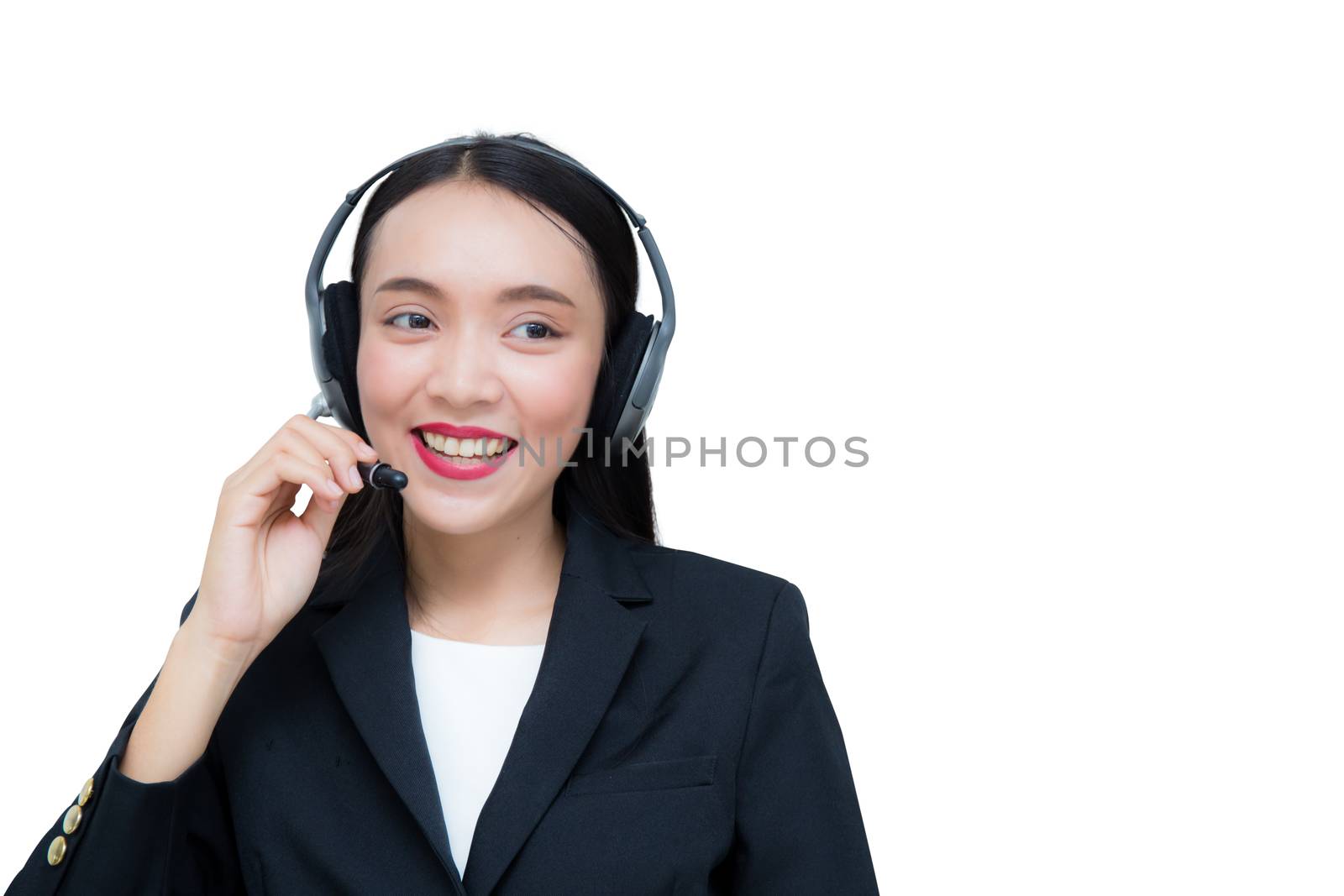 Beautiful asian woman smiling customer service talking on headset with isolated on white background. Business concept.