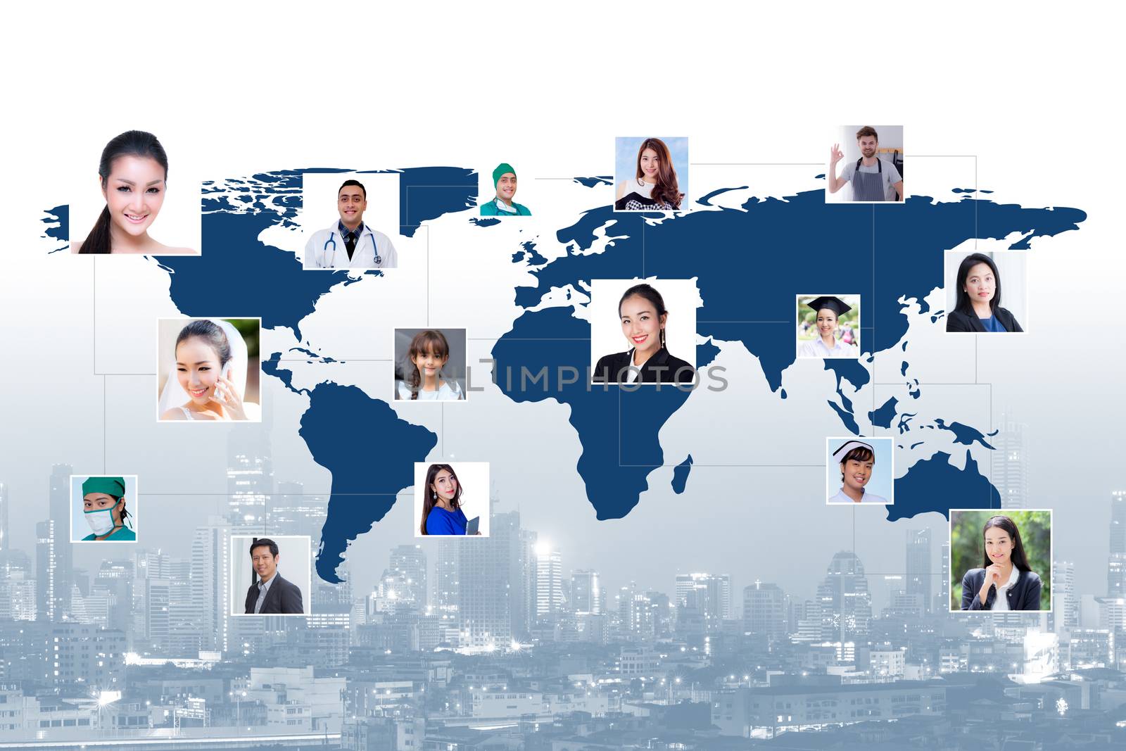 communication business person career various on city with world map social media network connection concept, Elements of this image furnished by NASA.