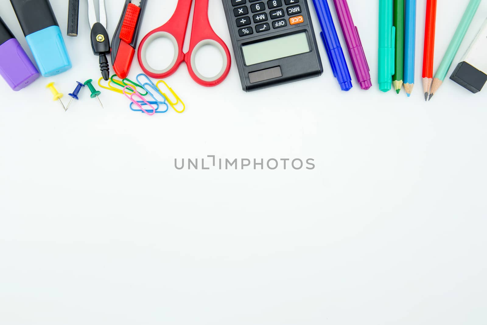 school supplies, stationery accessories on white background. Flat lay, top view