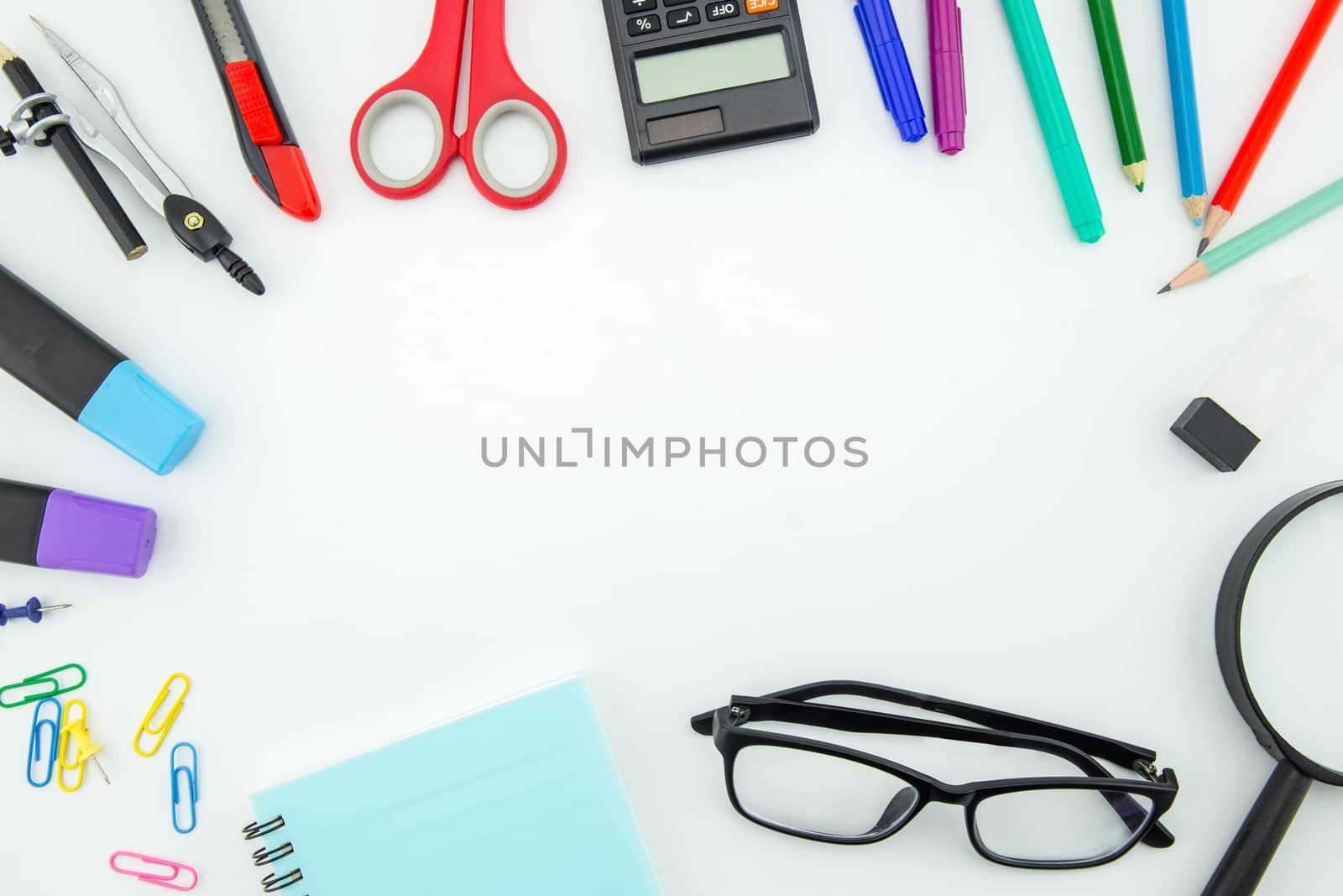 school supplies, stationery accessories on white background. Flat lay, top view