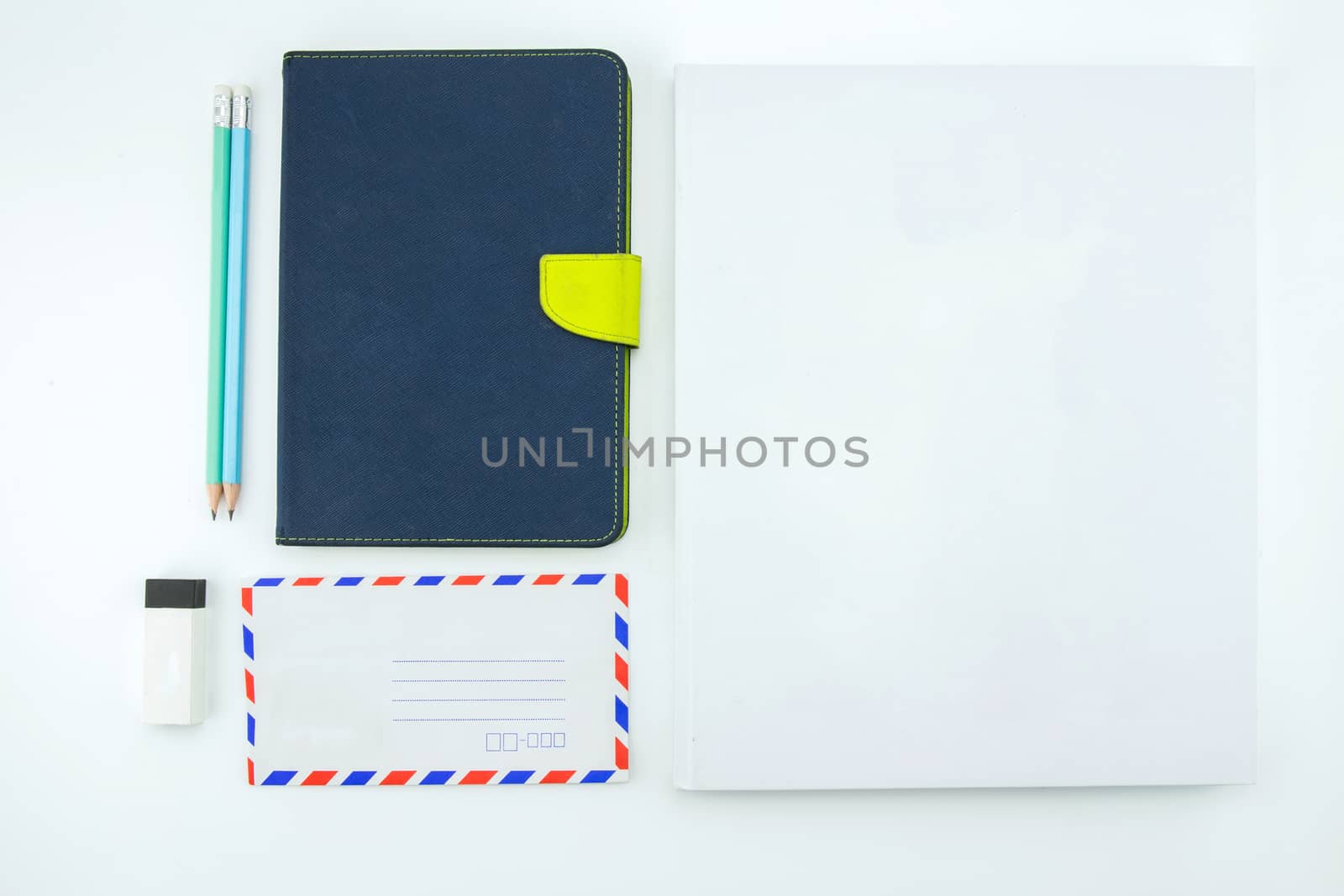 school supplies, stationery accessories on white background. Flat lay, top view