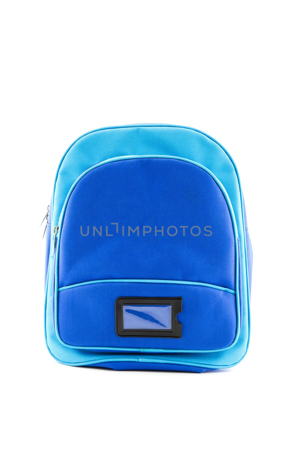 Blue backpack with school supplies isolated on white background, Stationery concept.