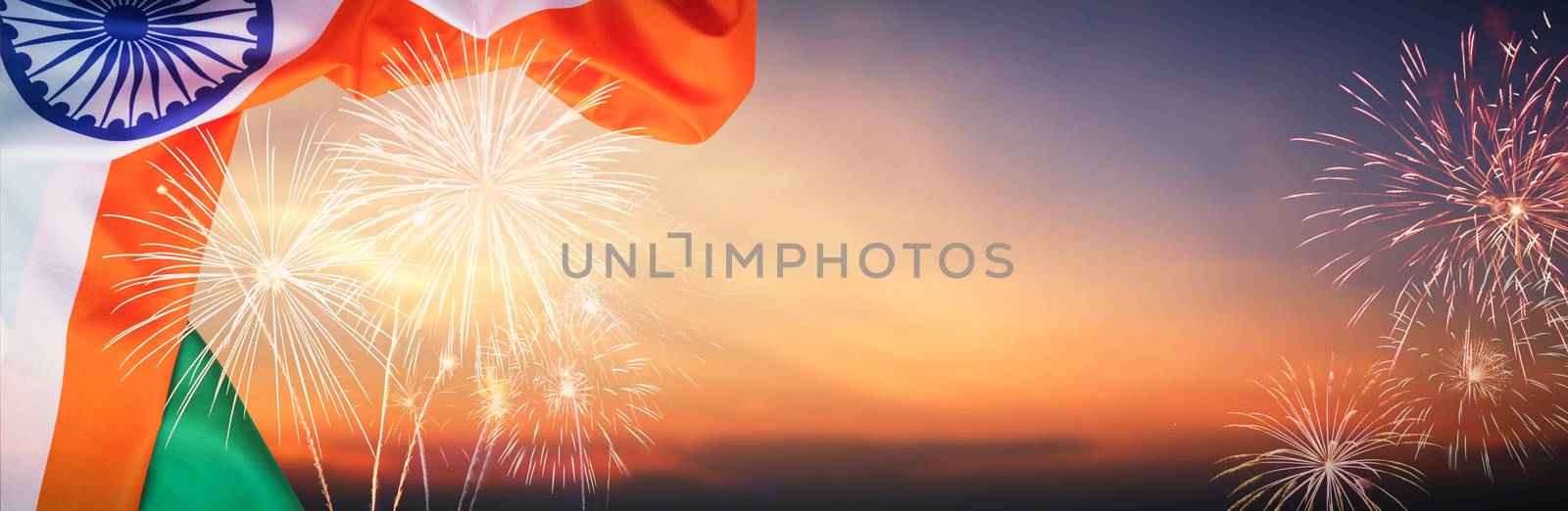 Celebration colorful firework on india flag pattern on sky background concept for indian 15 august republic independence day, symbol of nepal freedom culture and democracy in  festive celebration travel