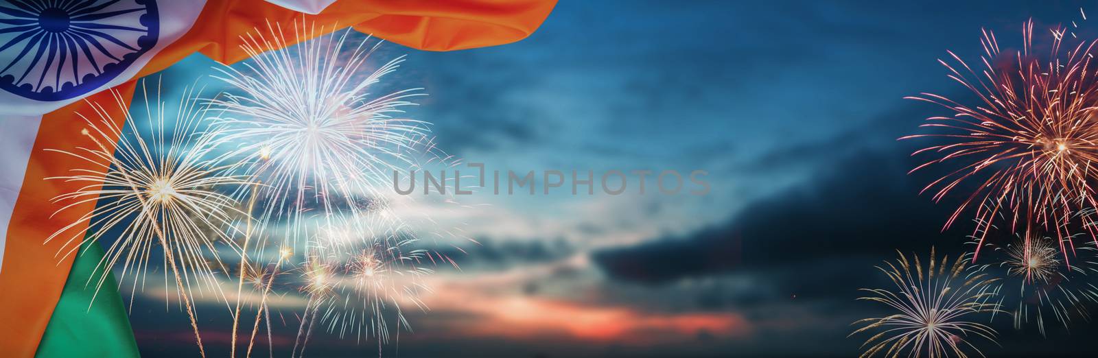 Celebration colorful firework on india flag pattern on sky backg by golfmhee
