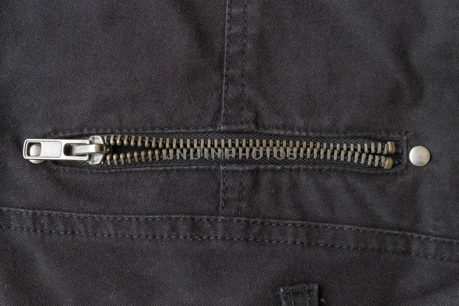 Open Brass Zip on Black Jeans Texture Background. Open Brass Zip on Black Jeans Texture Background for Apparel Design