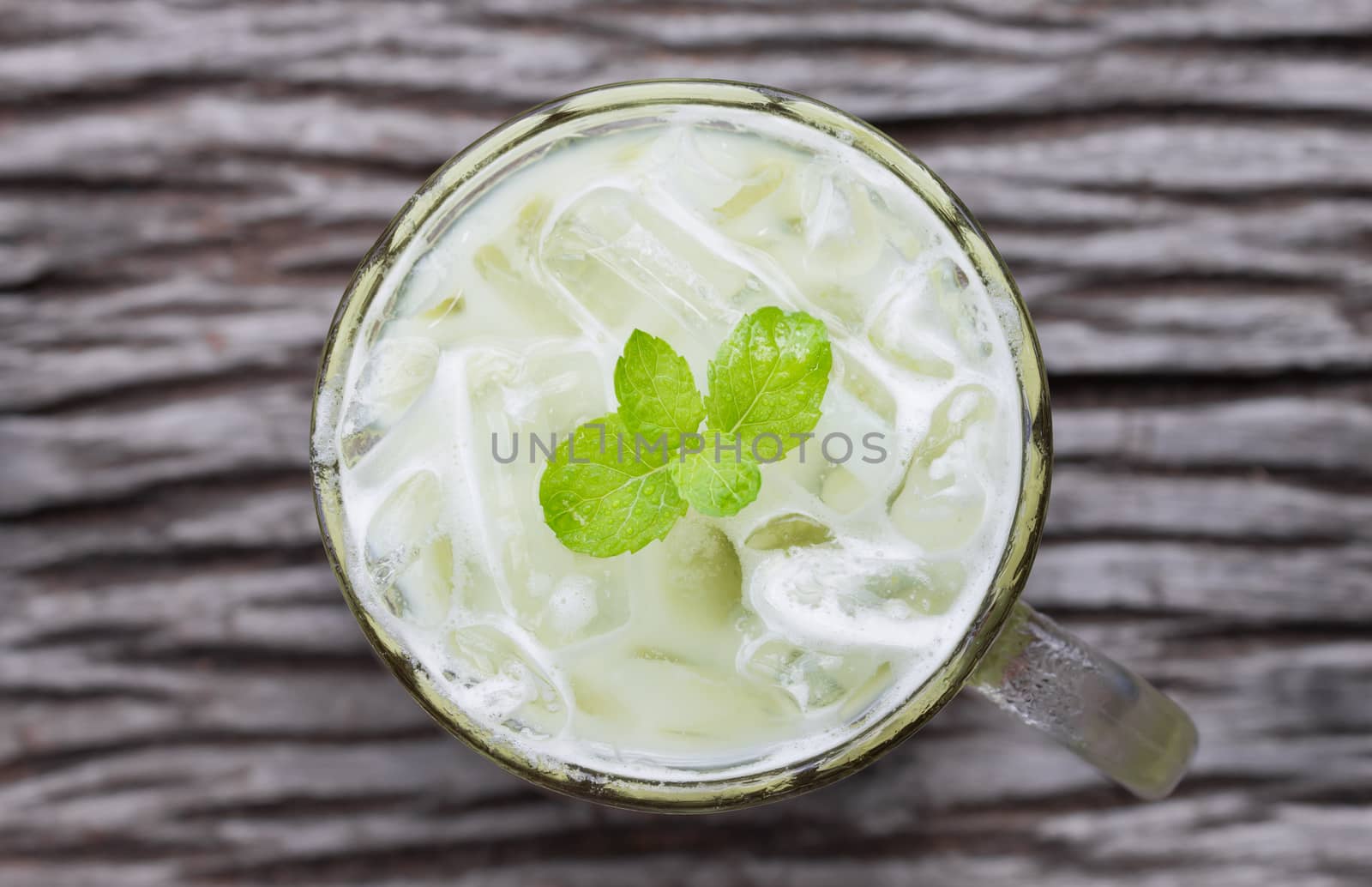 Cold Green Tea Milk Beverage or Cold Drinks Flatlay Center Frame by steafpong