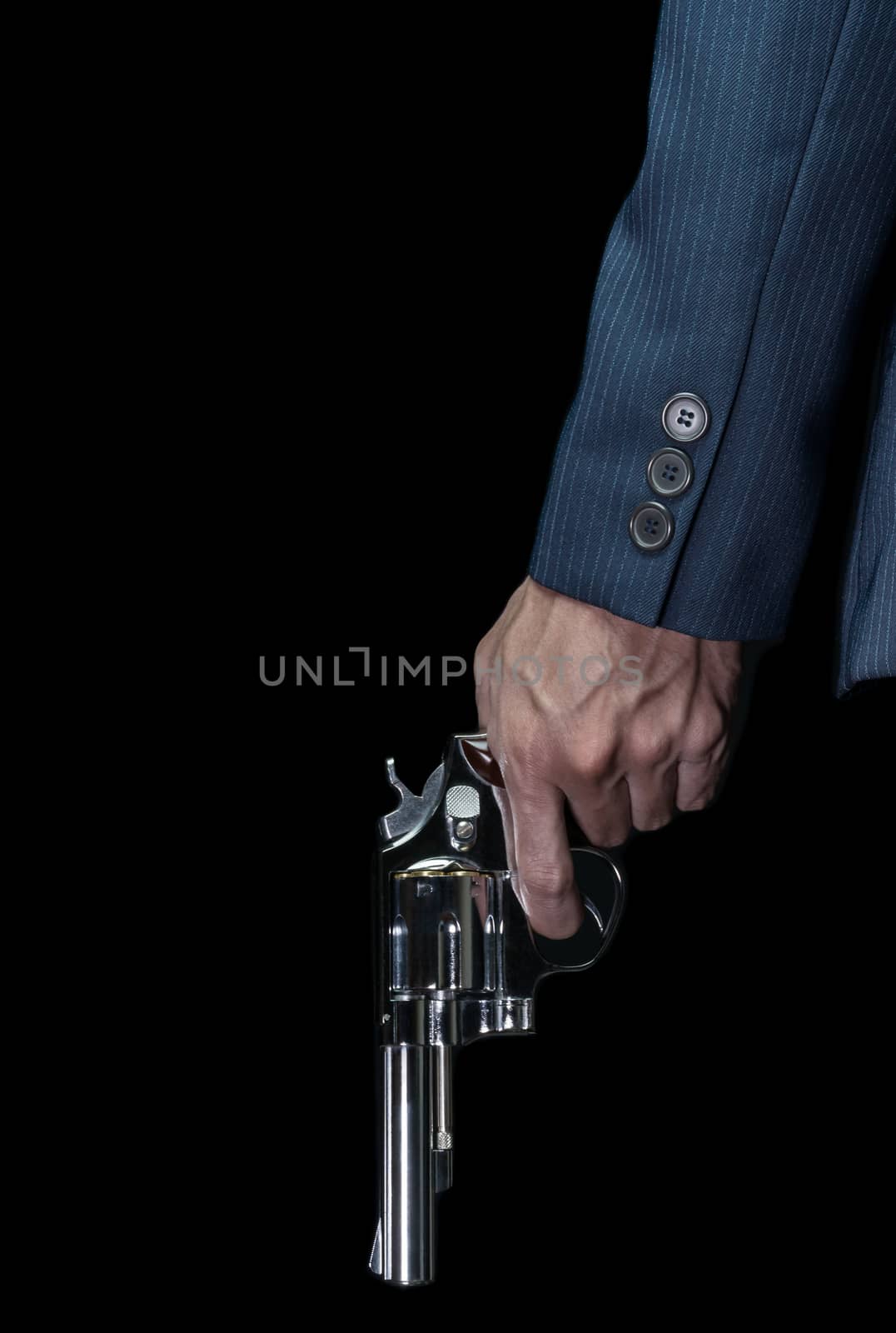 Man Hold Stainless Gun or Shooter in Left Hand in Book Cover Style. Fake Stainless Gun or Shooter in Left Hand portrait view for criminal or violence concept
