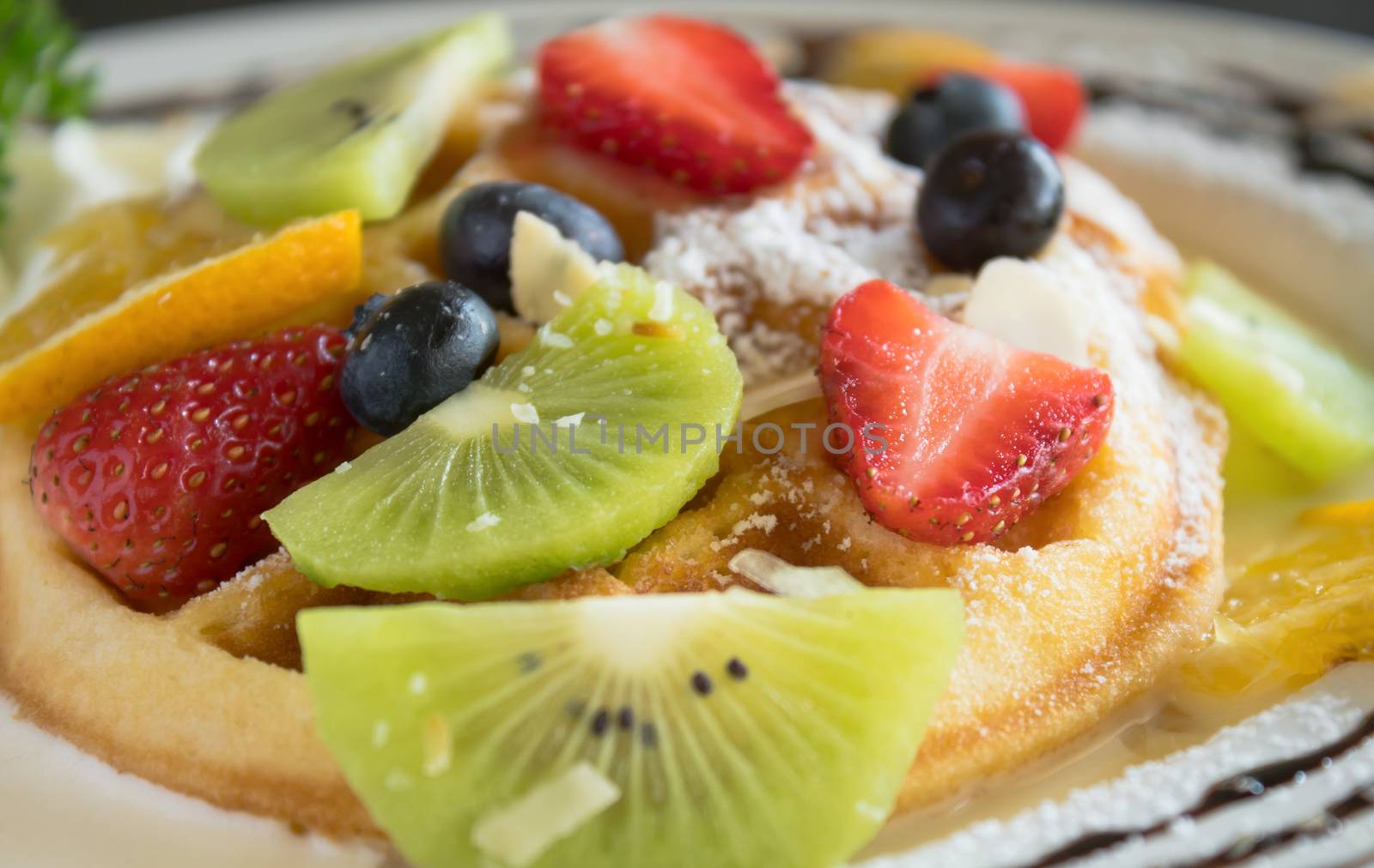 Kiwi Strawberry Blueberry Lemon Waffle Chocolate Dessert by steafpong