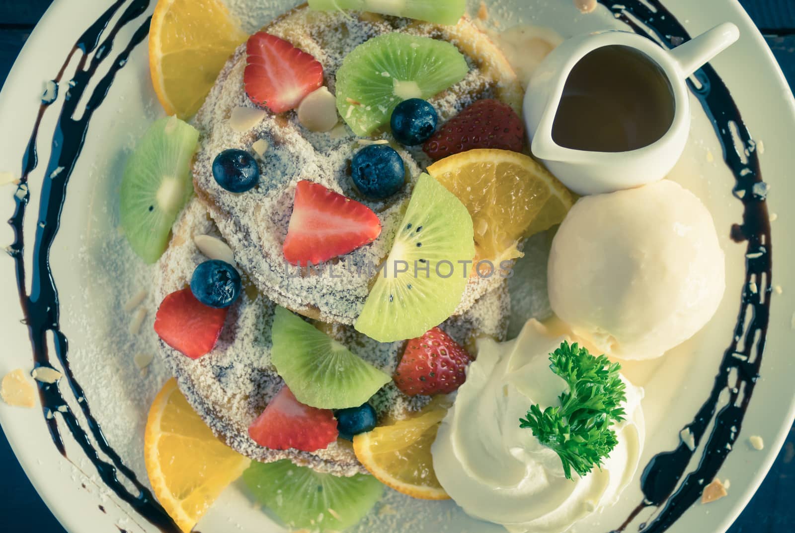 Vintage Flatlay Strawberry Blueberry Kiwi Lemon Waffle Whipped C by steafpong