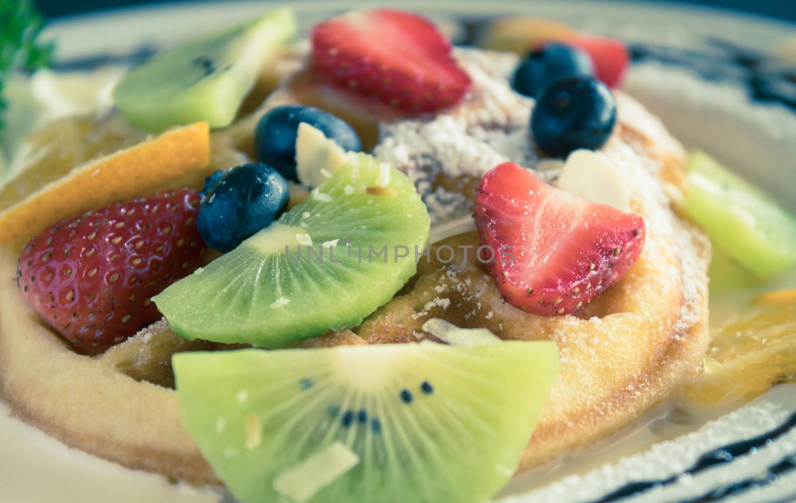 Vintage Kiwi Strawberry Blueberry Lemon Waffle Chocolate Dessert. Fruity dessert food and drink category