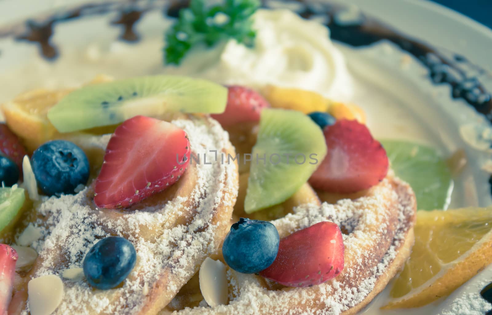 Vintage Strawberry Blueberry Kiwi Lemon Waffle Whipped Cream Cho by steafpong