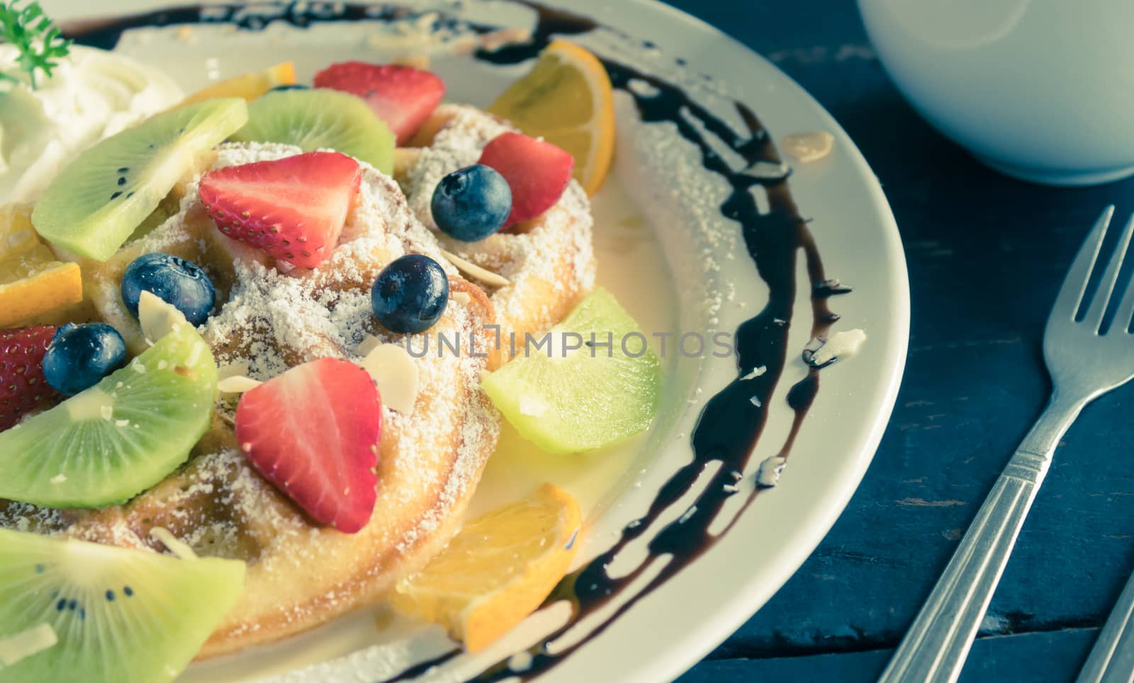 Vintage Strawberry Blueberry Kiwi Lemon Waffle Whipped Cream Cho by steafpong