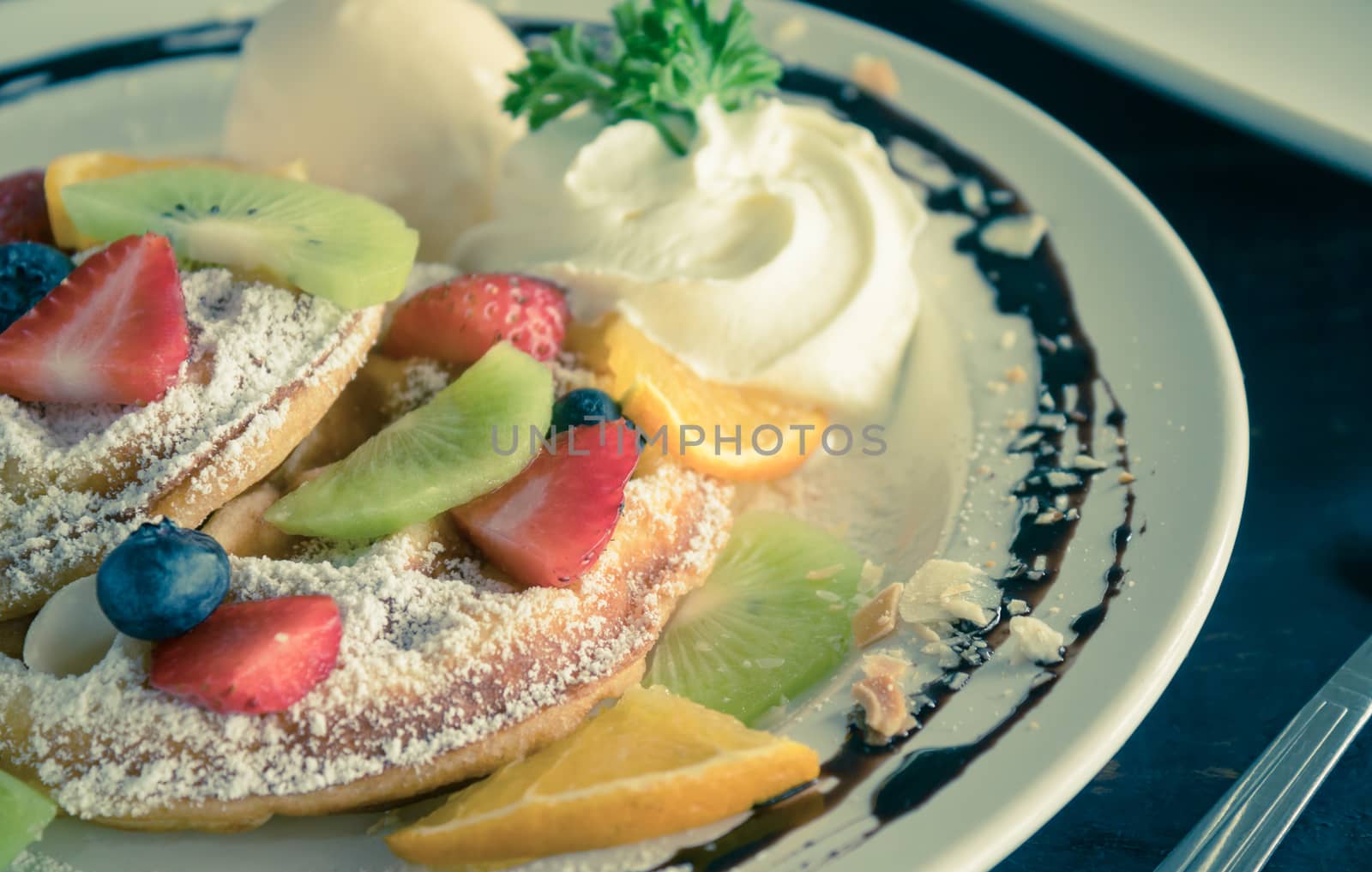 Vintage Strawberry Blueberry Kiwi Lemon Waffle Whipped Cream Ice by steafpong