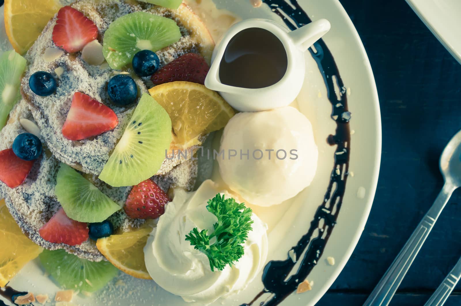 Vintage Flatlay Half Strawberry Blueberry Kiwi Lemon Waffle Whip by steafpong