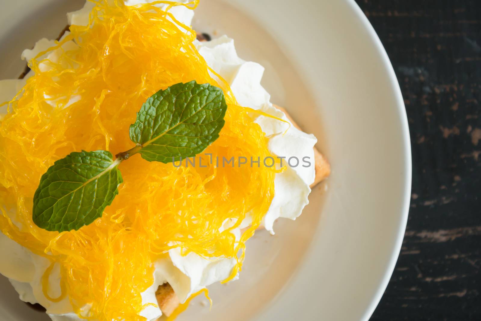 Golden Egg Yolk Threads or Foi Thong Thai Dessert Whipped Cream  by steafpong