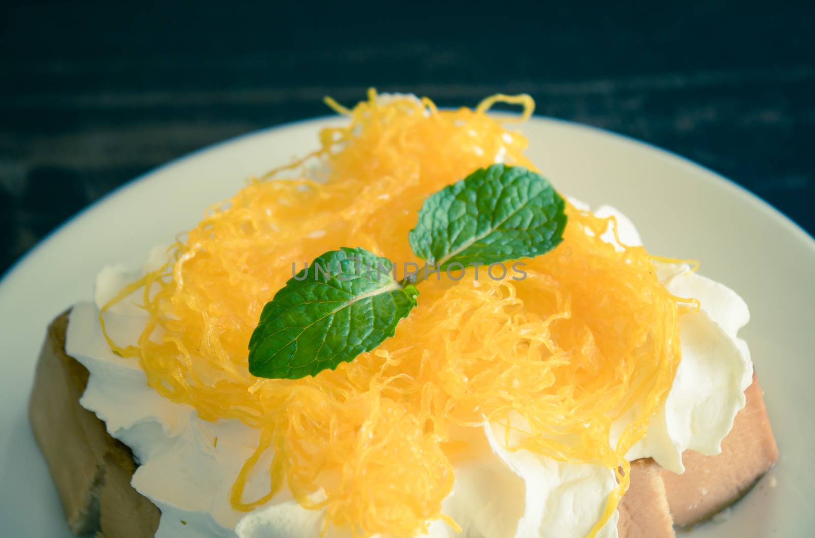 Golden Egg Yolk Threads or Foi Thong Thai Dessert Whipped Cream  by steafpong