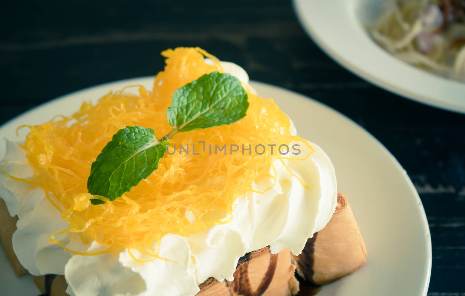 Golden Egg Yolk Threads or Foi Thong Thai Dessert Whipped Cream  by steafpong