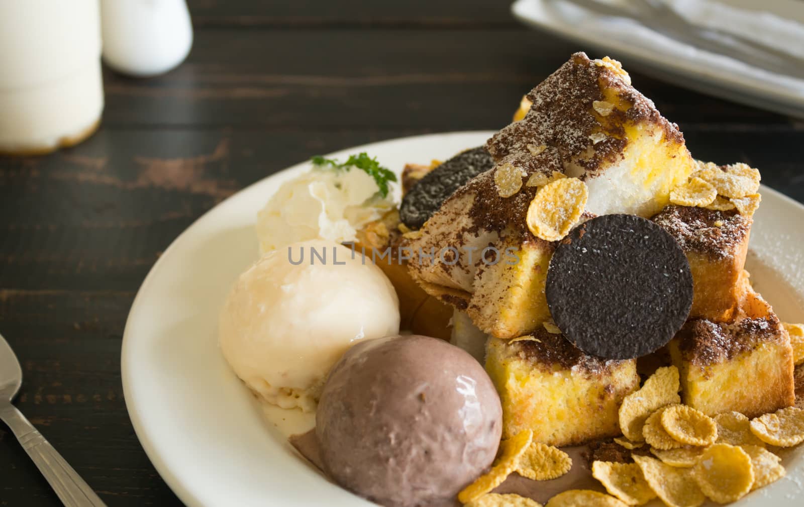 Toast Bread or Dessert and Oreo Cookies Ice Cream Cornflakes Whi by steafpong