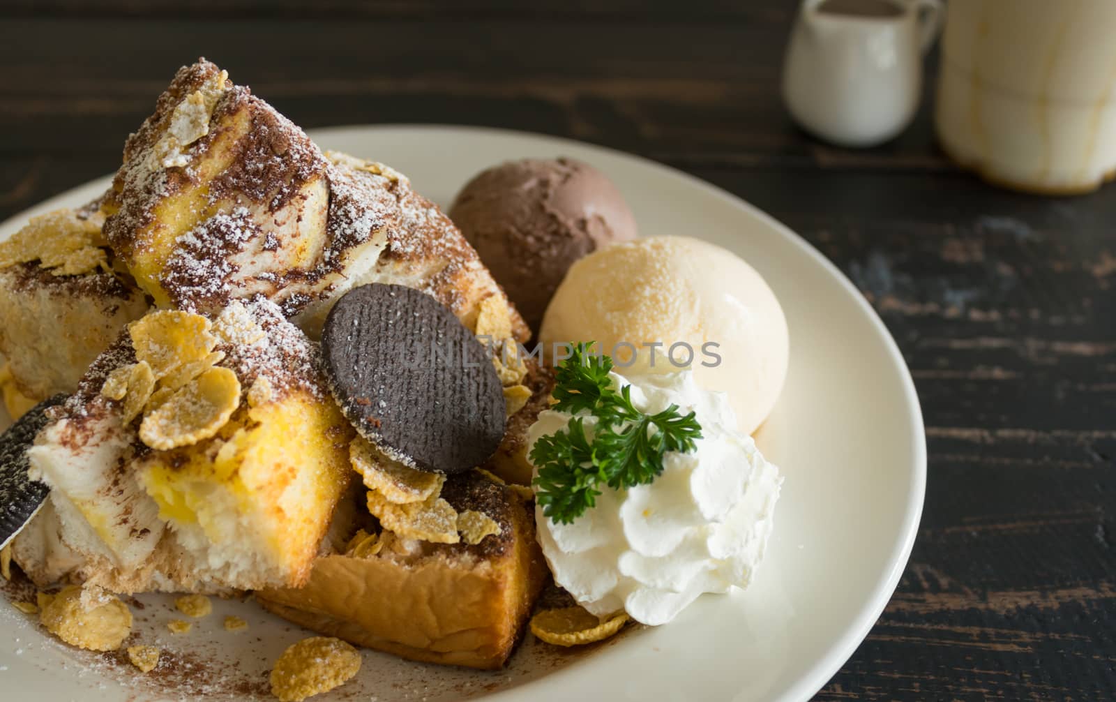 Toast Bread or Dessert and Oreo Cookies Ice Cream Cornflakes Whi by steafpong