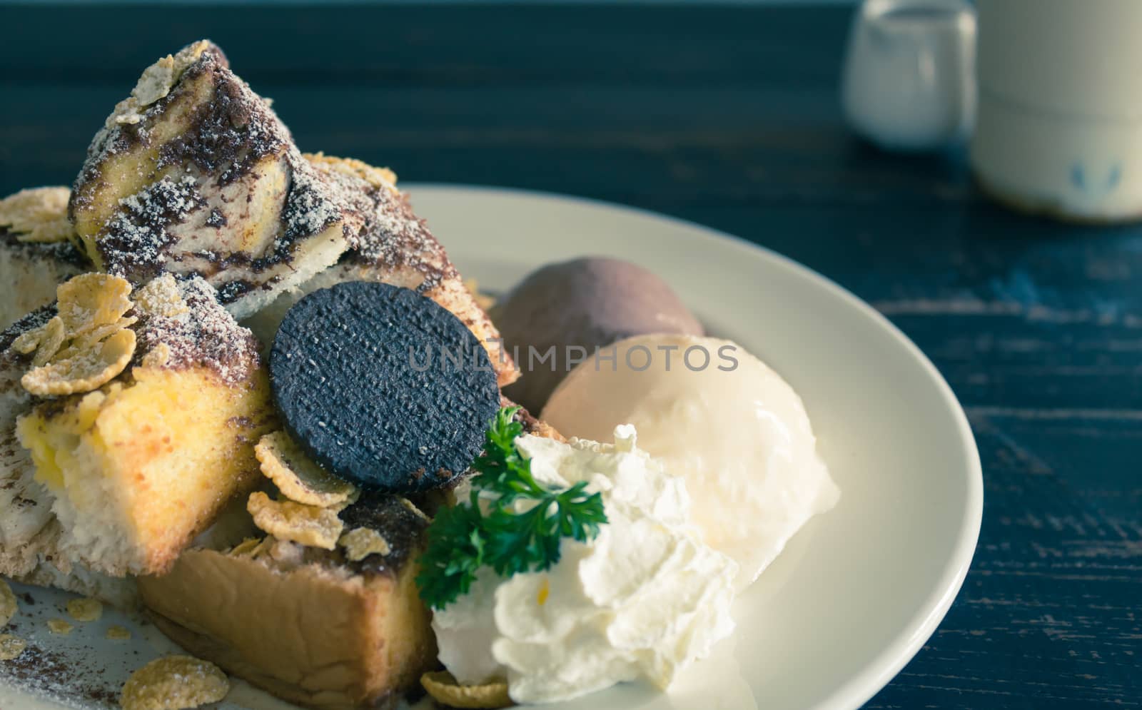 Toast Bread or Dessert and Oreo Cookies Ice Cream Cornflakes Whi by steafpong