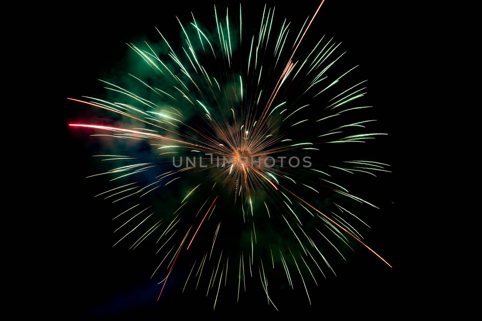 Center Green Orange Sparkling Fireworks Background on Night Scen by steafpong