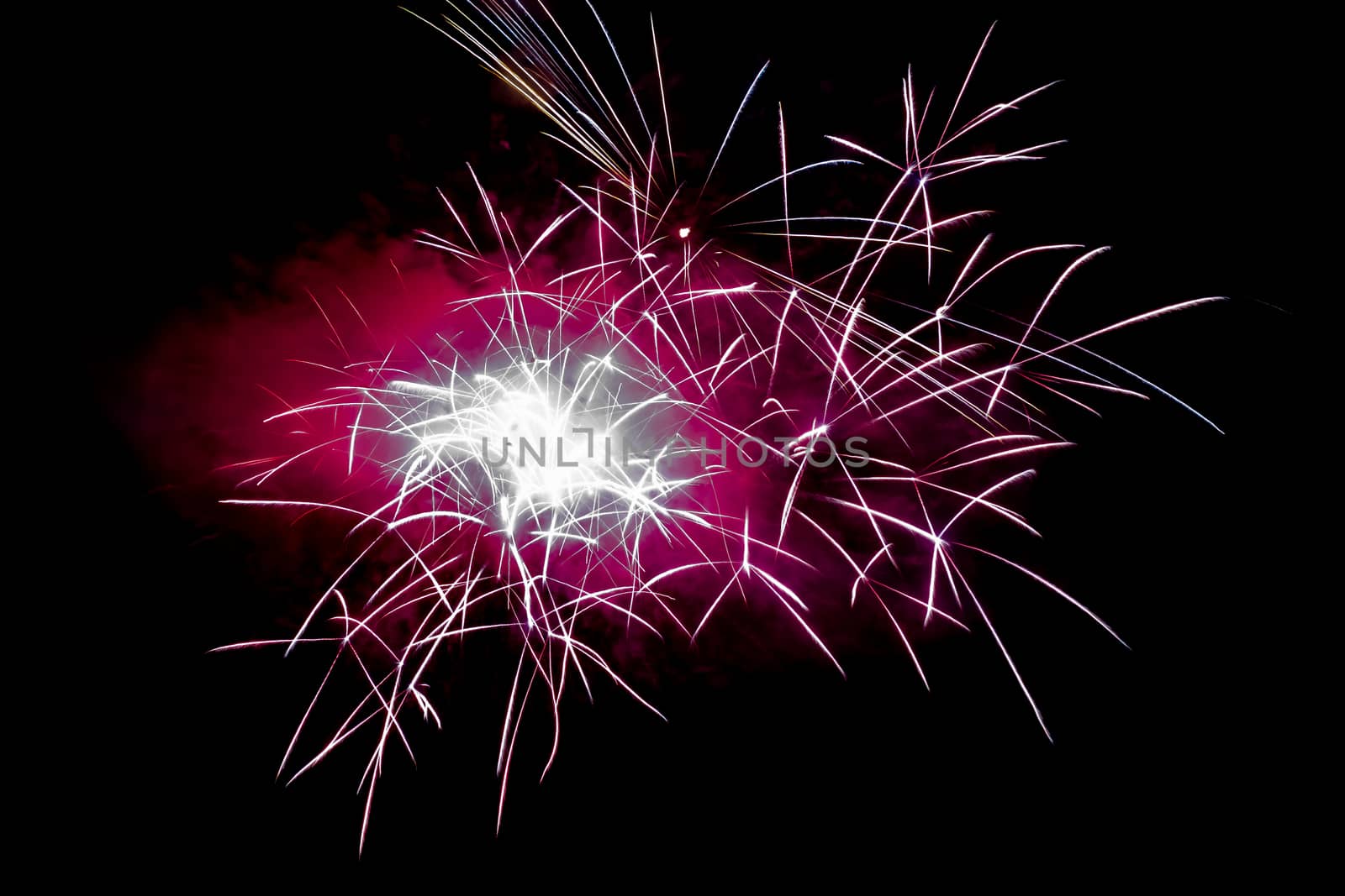 Magenta Horizontal Sparkling Fireworks Background on Night Scene. Abstract color fireworks background and smoke on sky