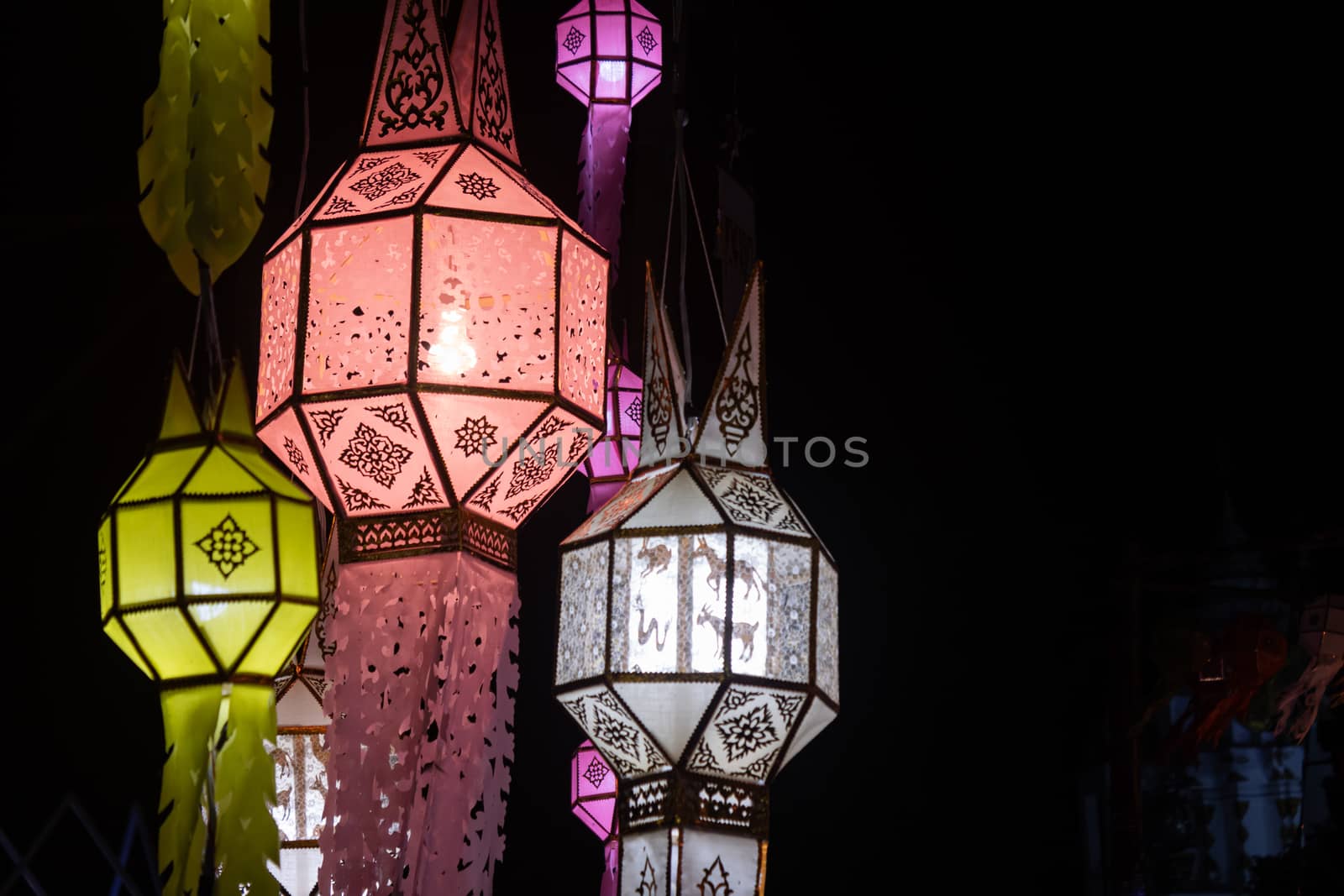 Rose Pink and white and yellow paper lanterns in Loi Krathong festival. Lanterns contest in Loi Krathong festival at Phayao Thailand