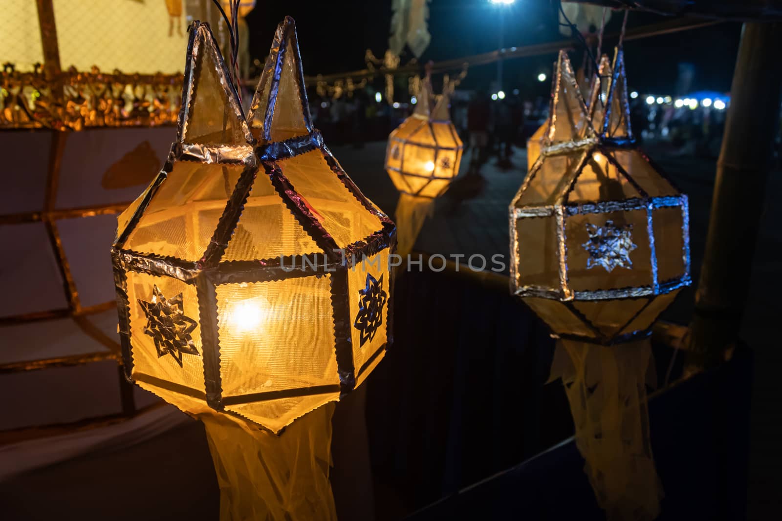 Yellow paper lanterns in Loi Krathong festival. Lanterns contest in Loi Krathong festival at Phayao Thailand