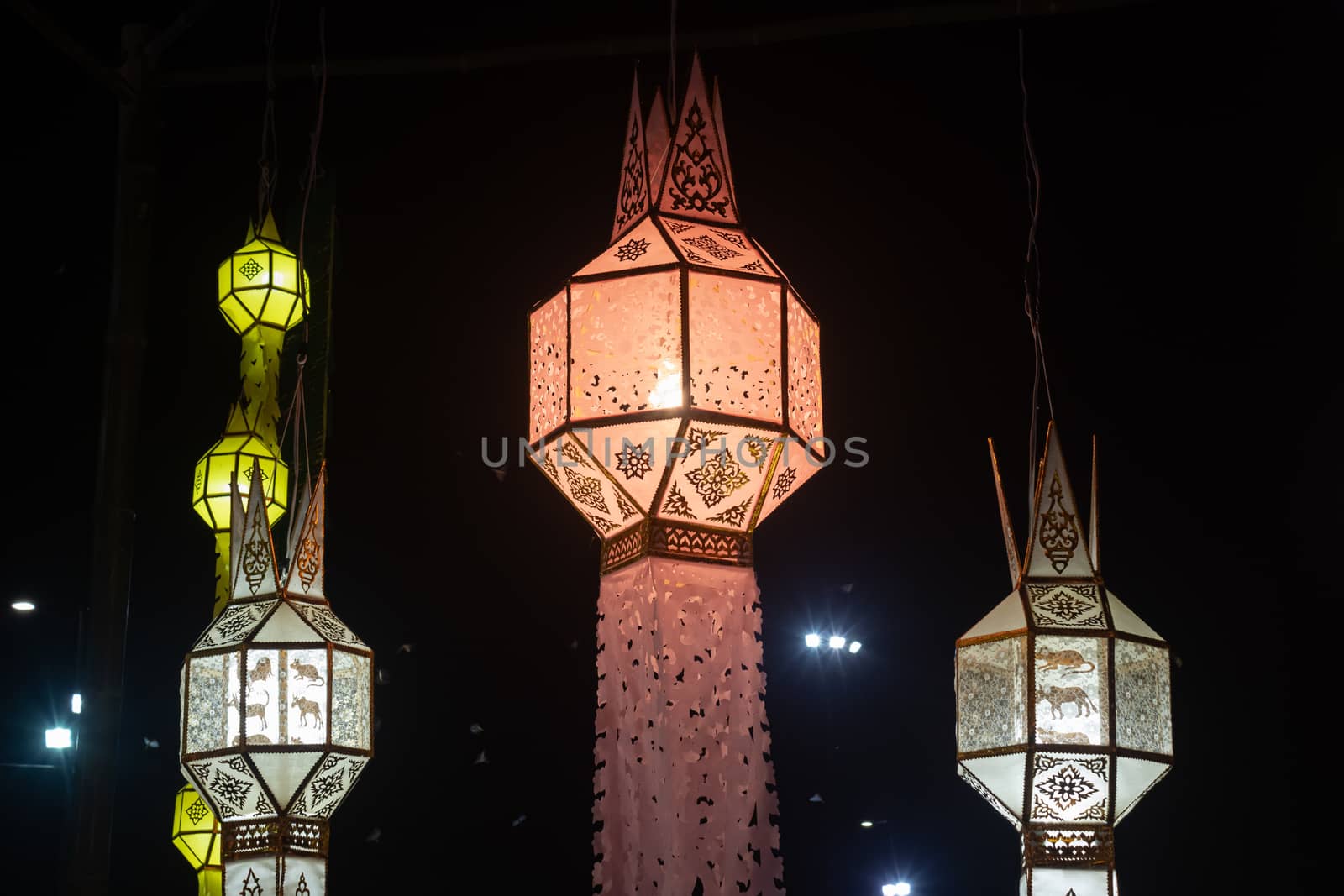 Rose Pink and White and Yellow Paper lanterns in Front View in Loi Krathong festival. Lanterns contest in Loi Krathong festival at Phayao Thailand