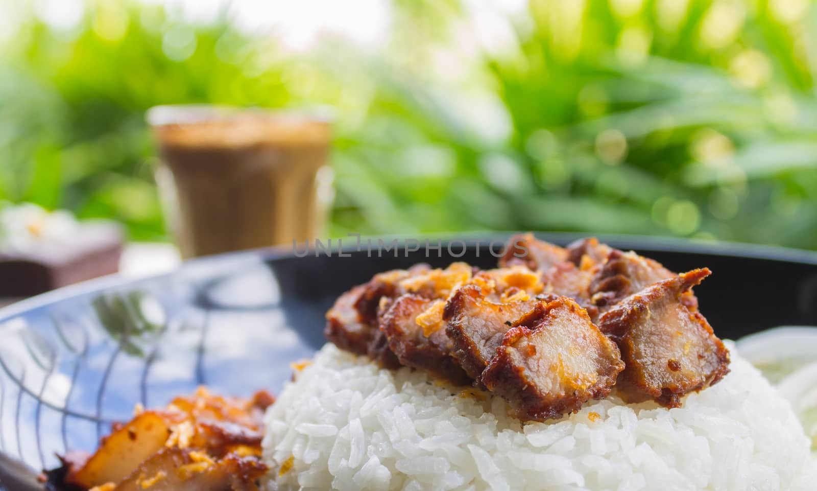 Thai Food Fried Pork with Garlic with Cucumber and Chocolate Brownie Cake and Latte Coffee Right. Fried pork with garlic steak on rice in food and drink category